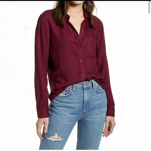 Rails Tops - Rails Kate silk Button Down Shirt Merlot Silk Collared Pocket Long Sleeve Size S